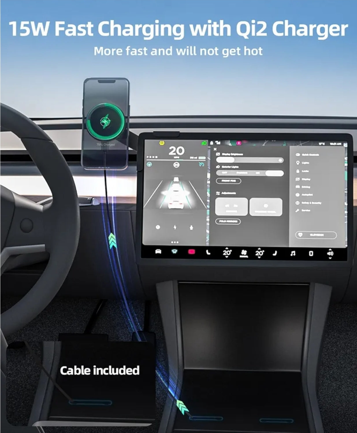 Tesla Phone Mount Charger, for Qi2 15W Fast Wireless Charging Phone Holder for Tesla Model Y/Model 3/ Cybertruck/Laptop, Tesla Phone Charger for iPhone 16/15/14/13/12 Series