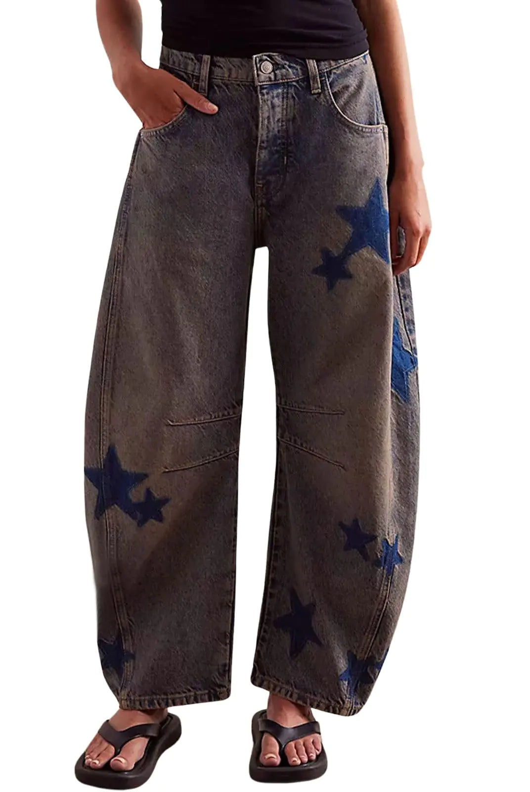 loveimgs Womens Mid Rise Barrel Jeans Wide Leg Baggy Printed Loose Y2k Boyfriend Denim Pants Horseshoe Jeans (MediumCaramel Blue)