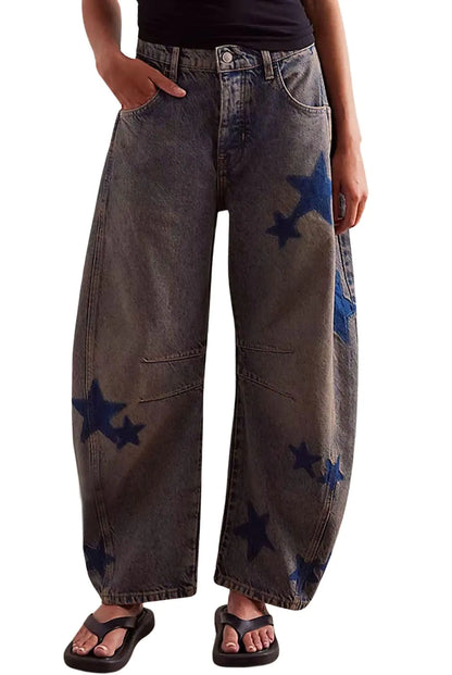 loveimgs Womens Mid Rise Barrel Jeans Wide Leg Baggy Printed Loose Y2k Boyfriend Denim Pants Horseshoe Jeans (MediumCaramel Blue)